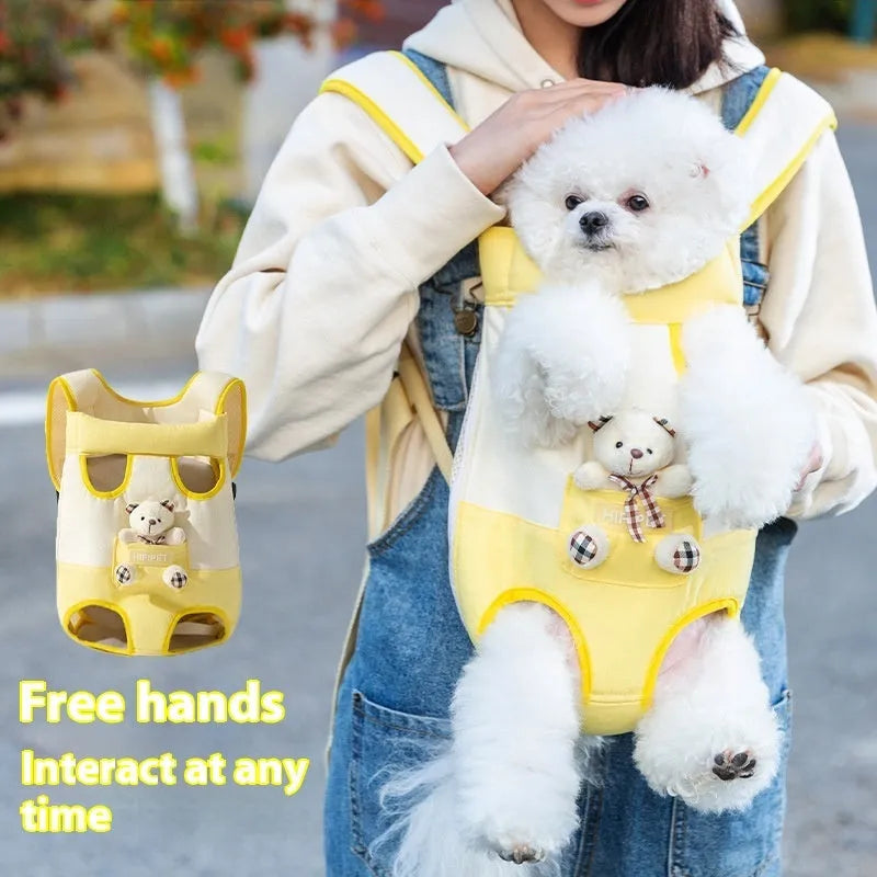 Canvas cat carrier bag with cartoon animal design in yellow bear pattern showing soft construction