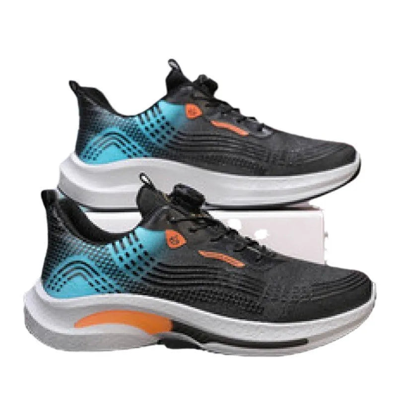 Men's white and blue low-top sneakers with a rotating buckle and mesh upper.