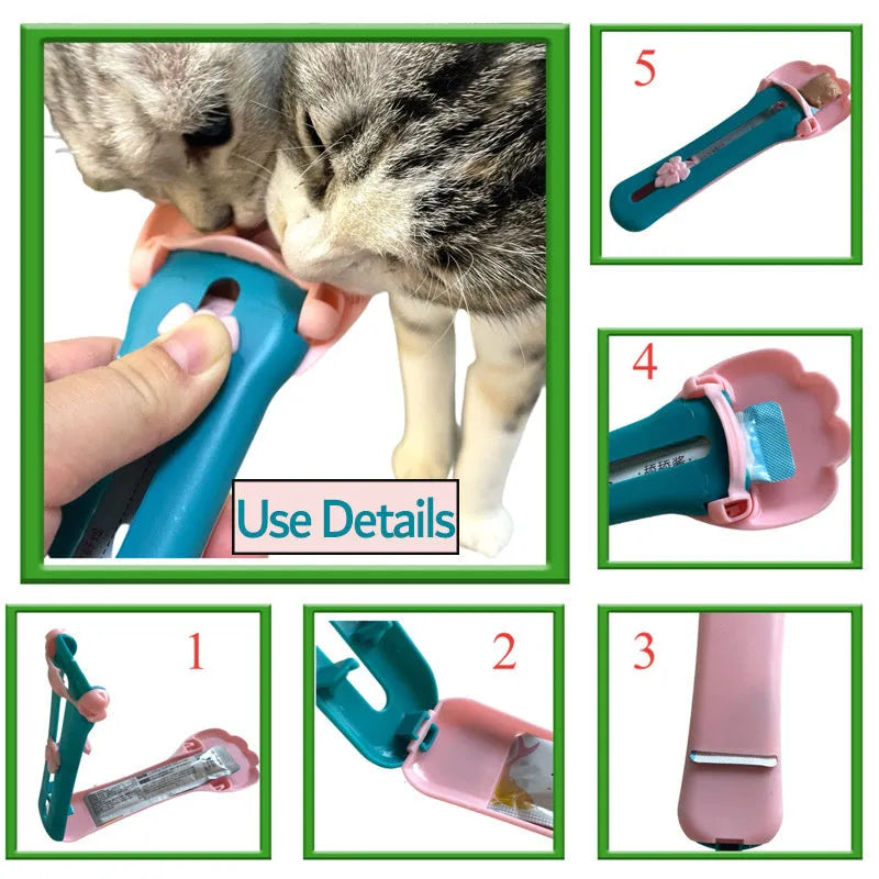 Green and pink pet food scoop squeezer feeder for dispensing snacks and liquids for cats and dogs.