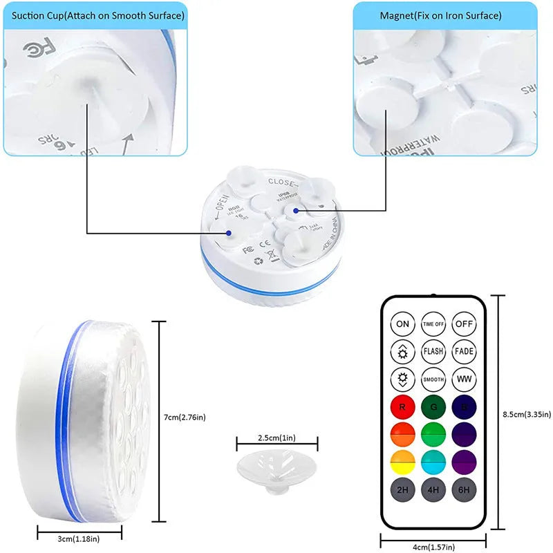 IP68 waterproof remote control colour changing diving light with ABS plastic case.