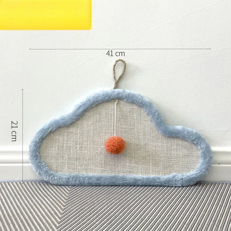 White cat scratching mat with sleeping cat pattern, wall mounted with natural sisal surface