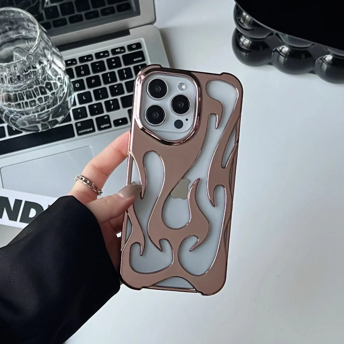 Electroplating hollow flame pattern iPhone case in metallic finish with TPU soft shell protection