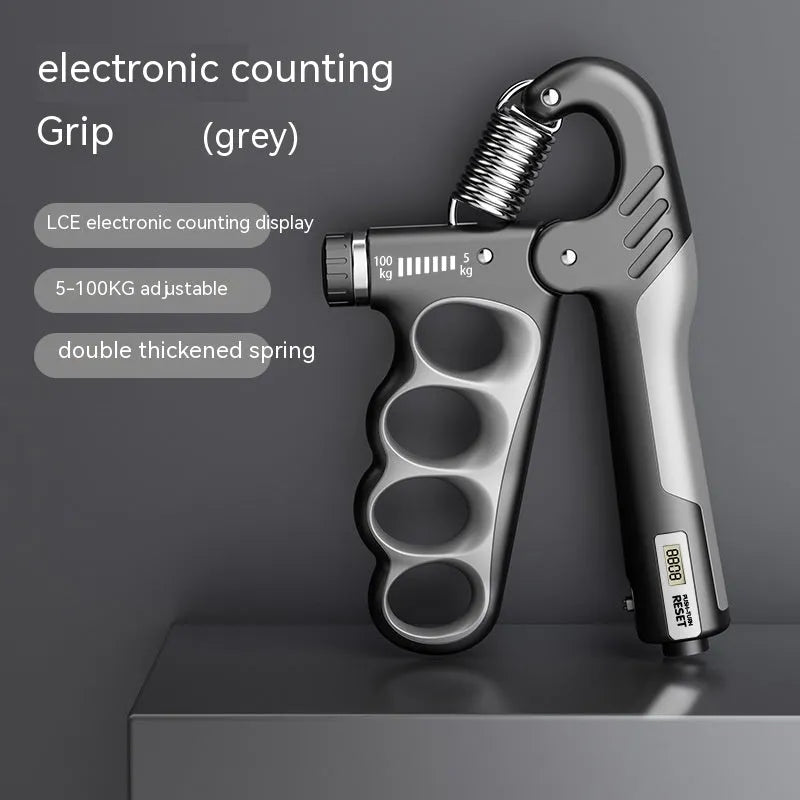 Electronic counter spring grip with adjustable resistance in orange, red, and grey display variants.