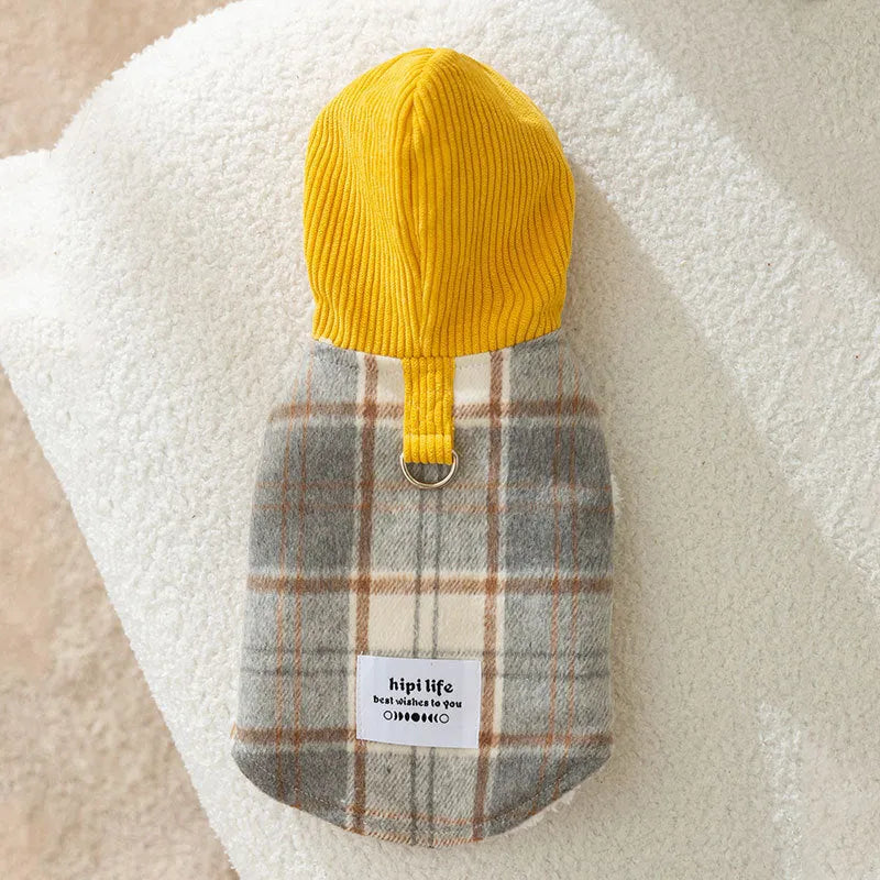 Blue corduroy dog hoodie with a chessboard grid pattern and a matching hood, shown on a small dog.