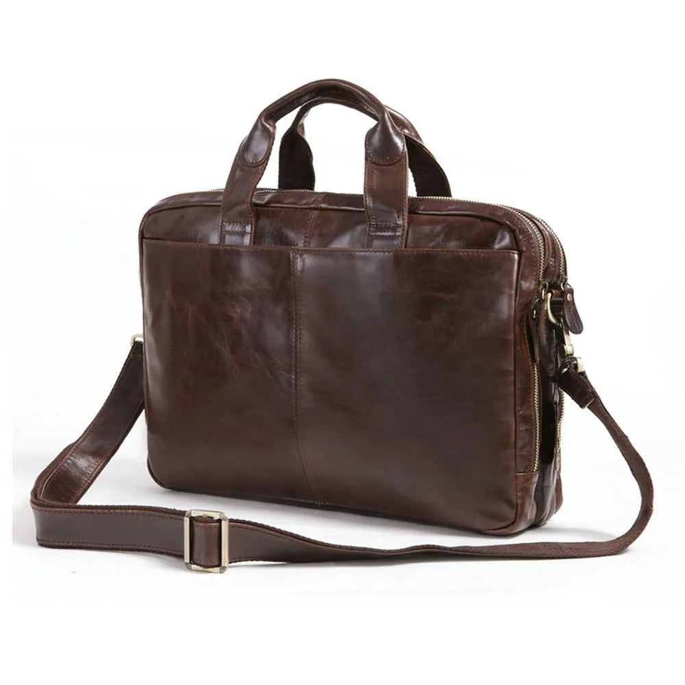 Brown cowhide leather business briefcase with 18-inch laptop compartment and polyester cotton lining