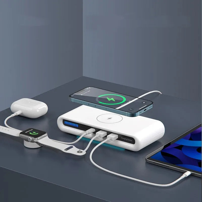 White desktop wireless charger with ambient lighting, showing phone charging on its 175mm x 83mm surface