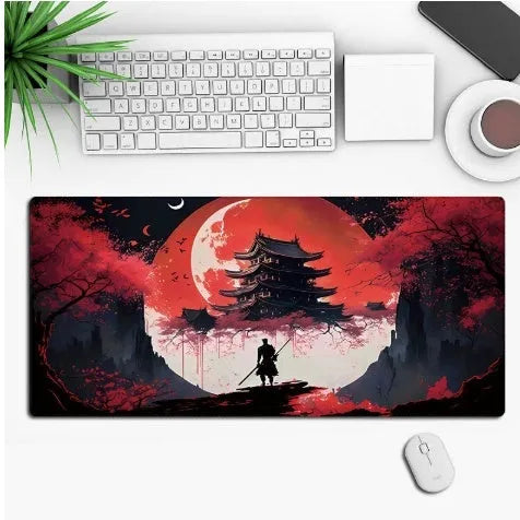 Large black anime gaming mouse pad with detailed graphics on smooth cloth surface