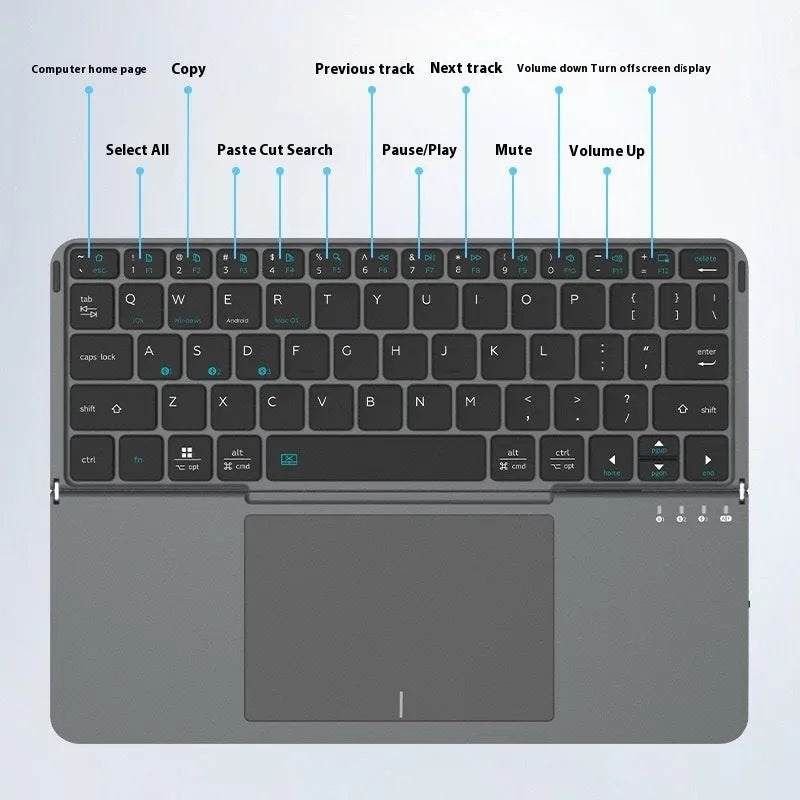 Grey folding Bluetooth wireless keyboard for mobile phones and tablets showing compact folded design