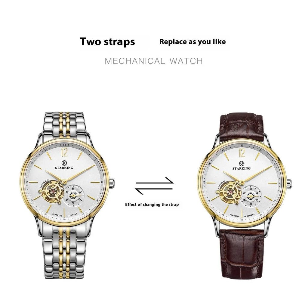 Men's automatic mechanical watch with hollow skeleton dial showing movement through sapphire glass