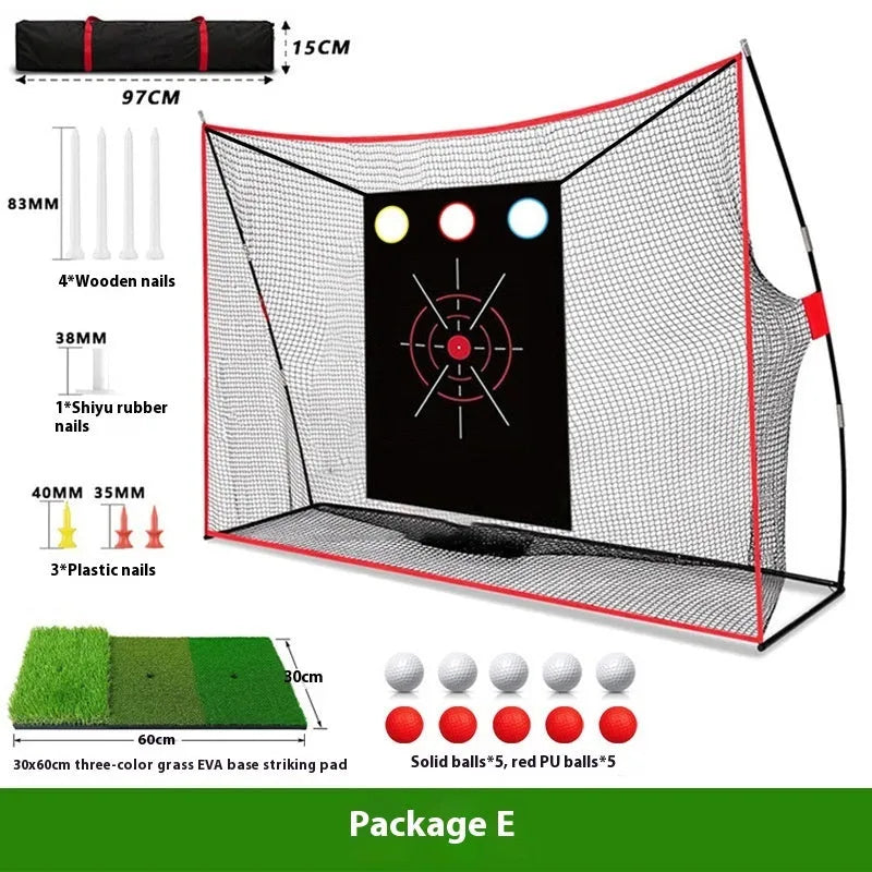 Golf wedge training net with straw practice mat and red practice balls