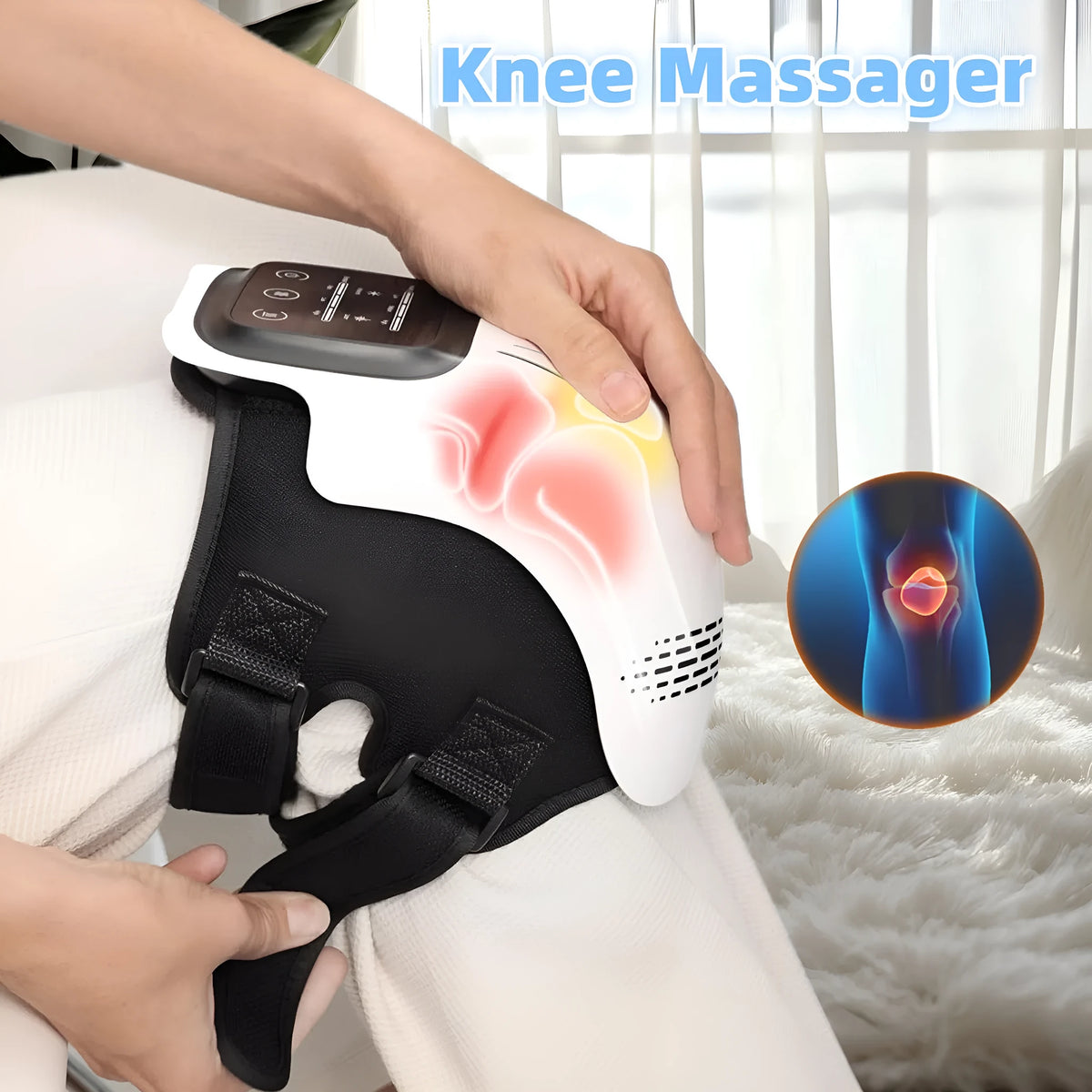 Intelligent electric knee massager with adjustable strap showing white and wood colour options