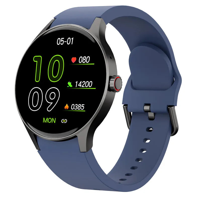 Black smart Bluetooth sport watch with round 1.43-inch touch screen display on wrist
