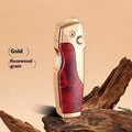 Outdoor metal folding lighter with integrated knife in various colour and texture finishes
