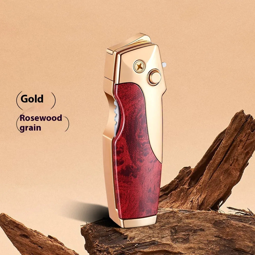 Outdoor metal folding lighter with integrated knife in various colour and texture finishes