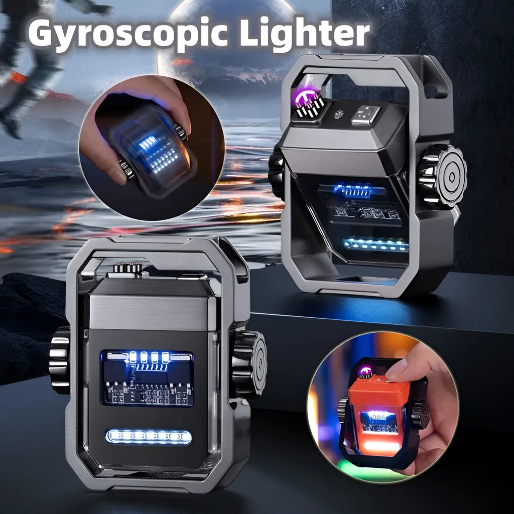 Blue zinc alloy electric pulse lighter with a glowing double arc flame and a visible rotary gyroscope mechanism.