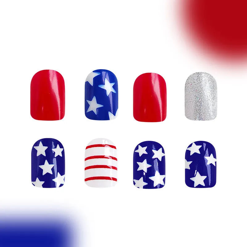 Box of red and blue glitter nail tips with Independence Day pattern and short square shape