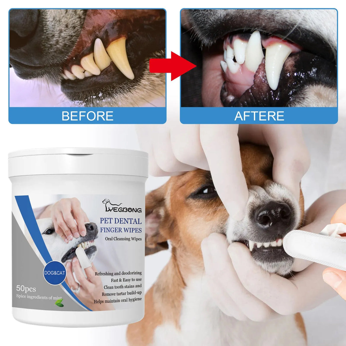 Canine dental finger wipes with applicator stall for dog teeth cleaning