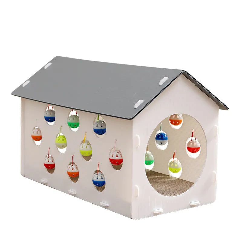 Plastic cat scratch board integrated with nest area and tunnel containing bell balls