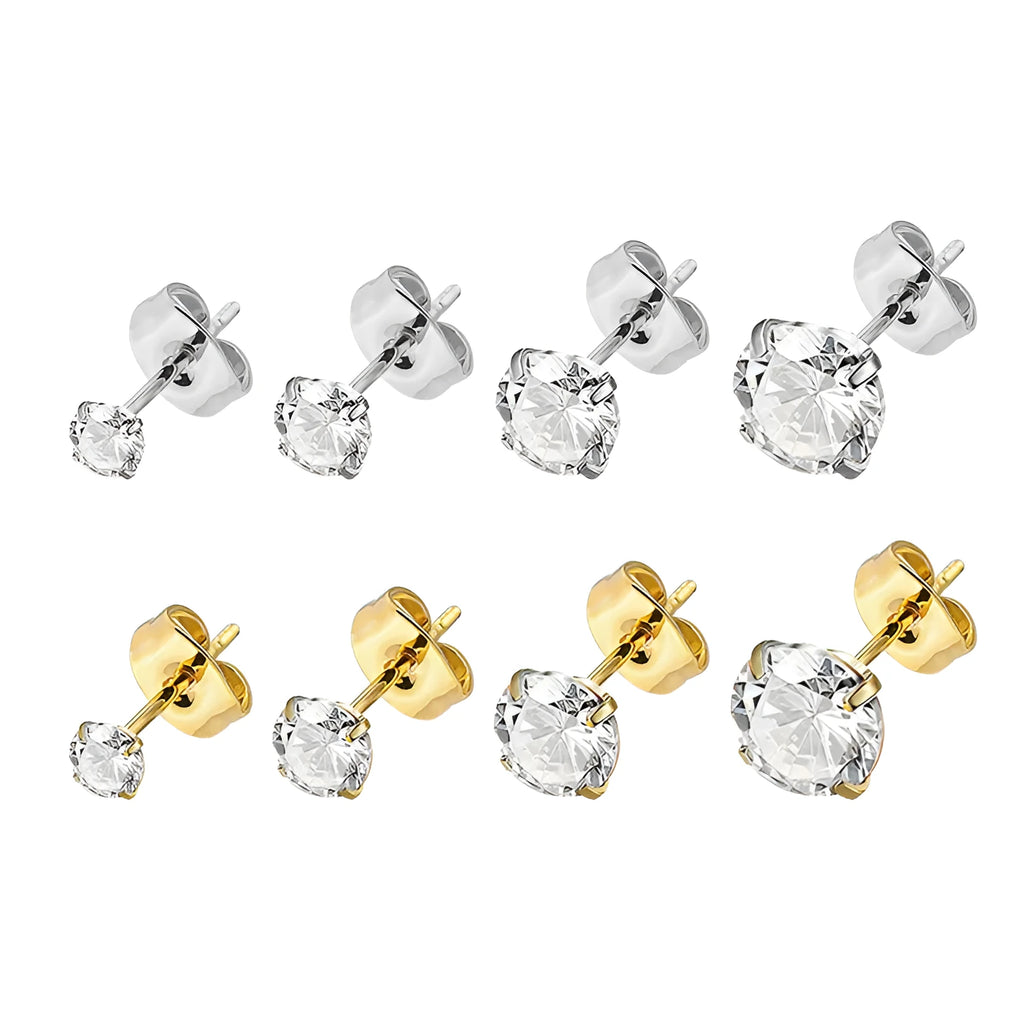 Geometric square zircon stud earrings in stainless steel with gold and steel colour tone options