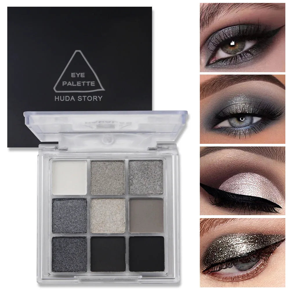 INS style nine-colour eye shadow palette showing white, silver, black, and iron grey shades.