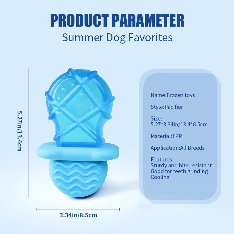 Dog cooling toy set with water-filled pacifier, popsicle and ring shapes for freezing