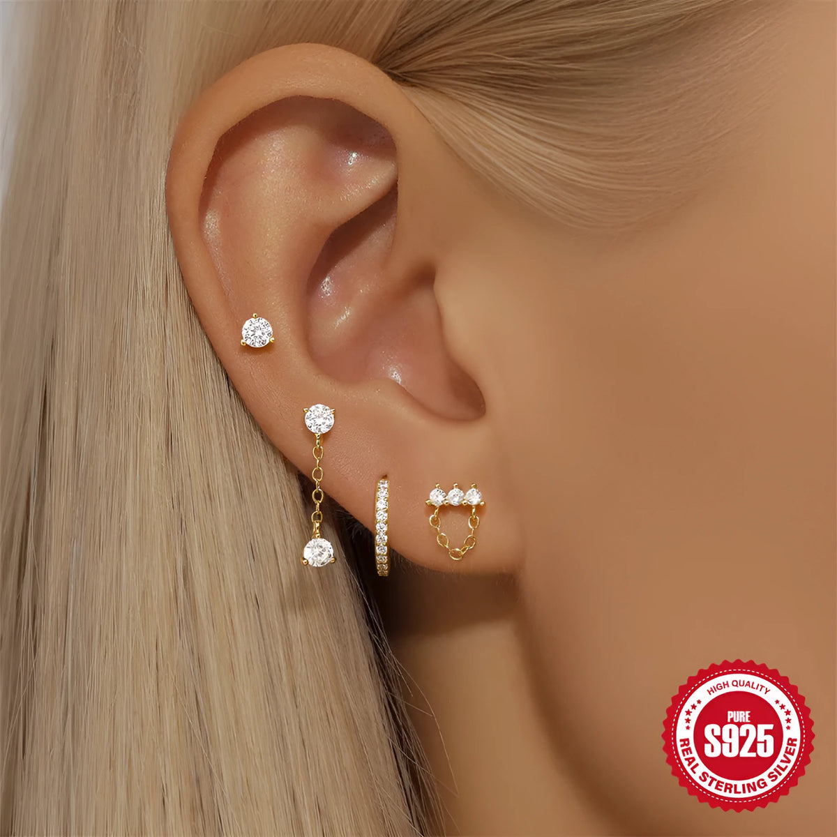 S925 sterling silver geometric earrings with clover petal design in gold colour options