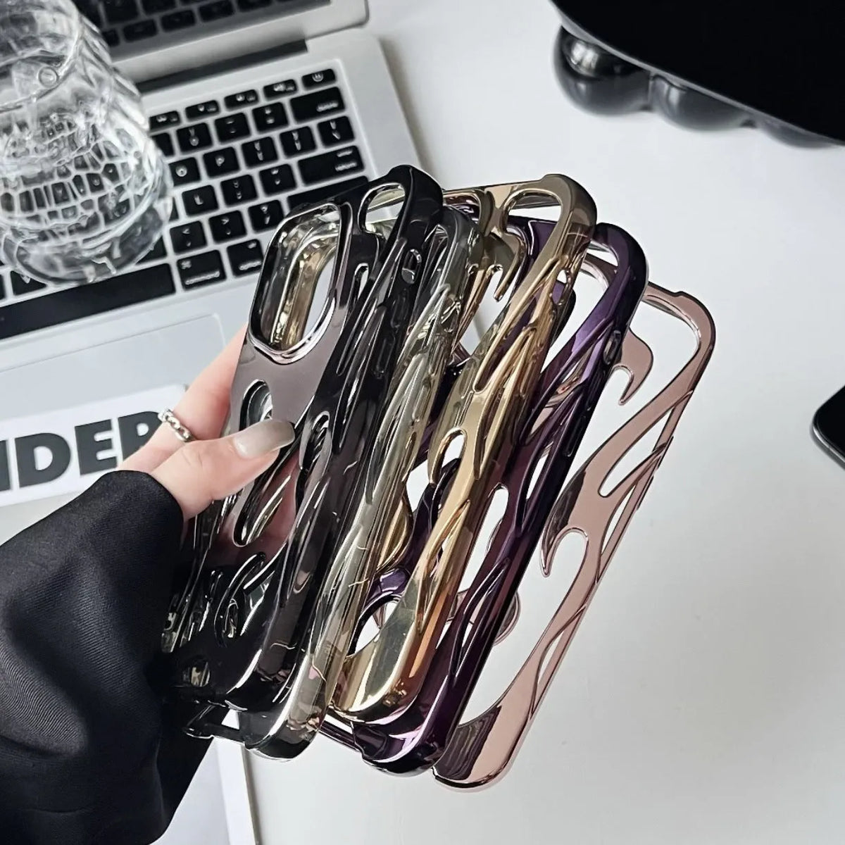 Electroplating hollow flame pattern iPhone case in metallic finish with TPU soft shell protection