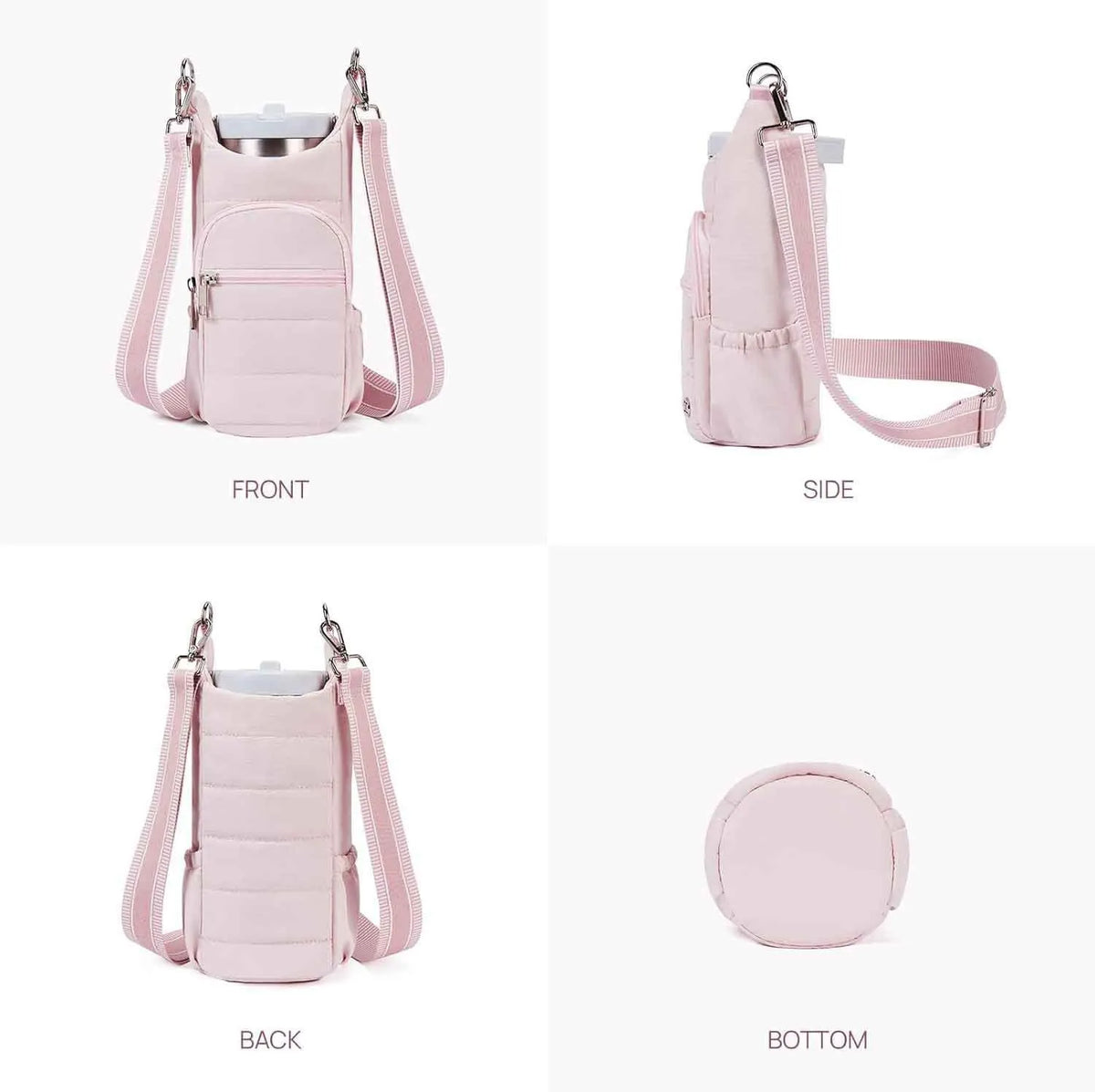 Cloth water bottle bag for bicycles shown in beige, black and pink colour options