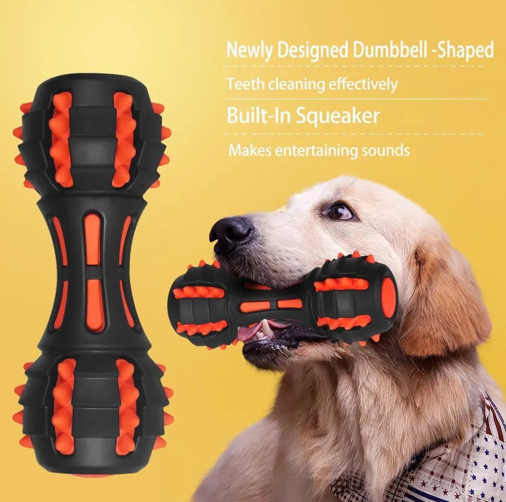 Red dumbbell-shaped dog chew toy made of natural rubber for aggressive chewers