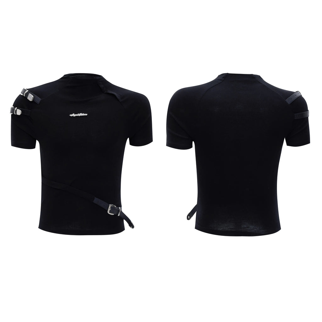 Men's slim fit black short sleeve T-shirt with a small stand-up collar and metal belt design detail.