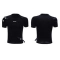 Men's slim fit black short sleeve T-shirt with a small stand-up collar and metal belt design detail.