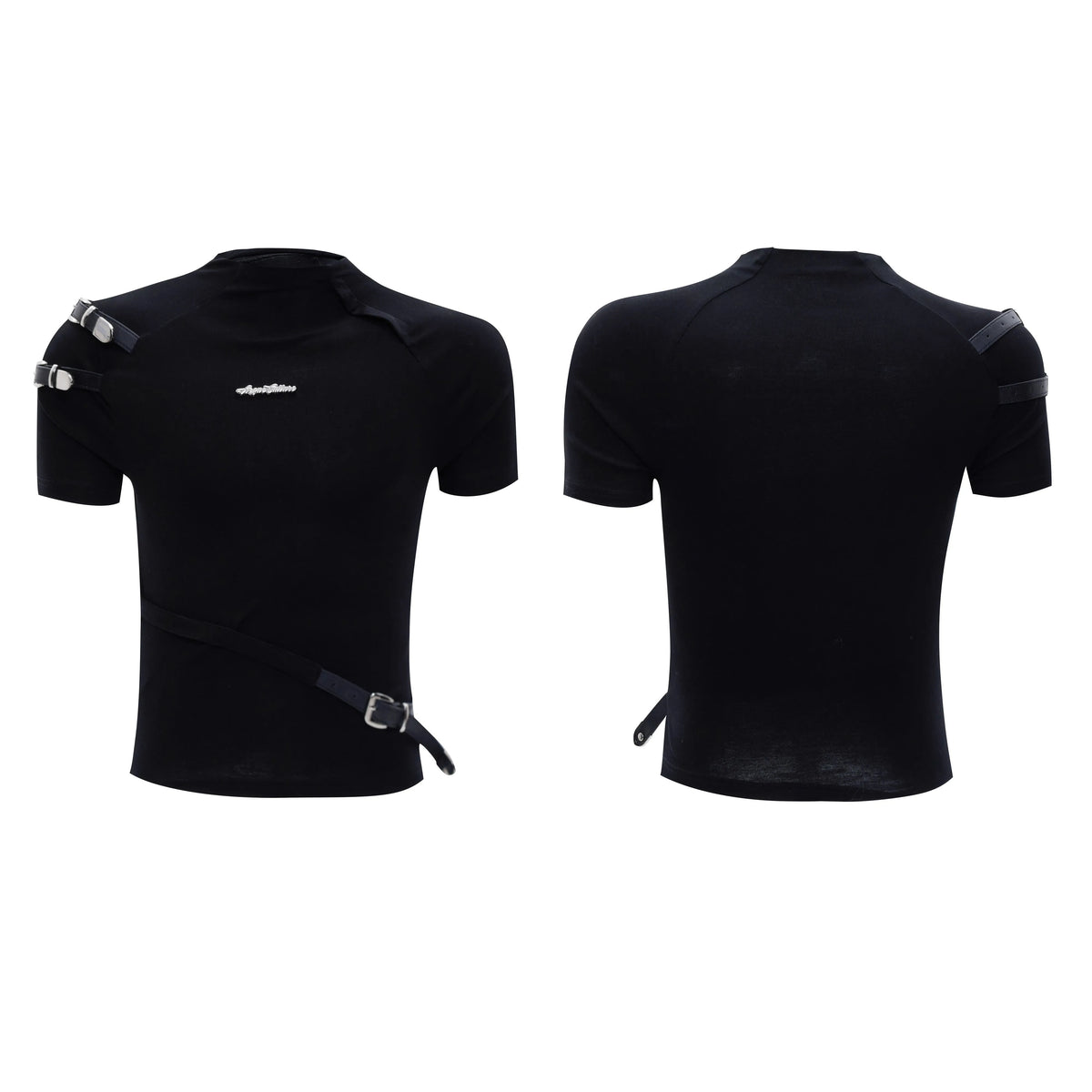 Men's slim fit black short sleeve T-shirt with a small stand-up collar and metal belt design detail.