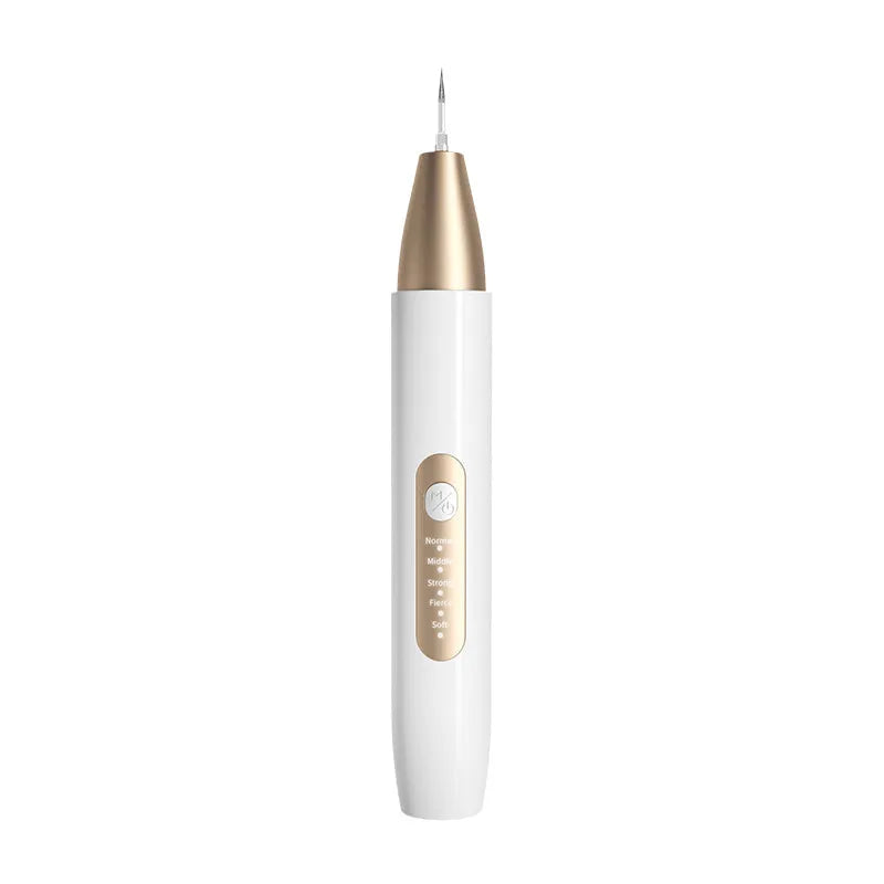 Gold-coloured ultrasonic tooth cleaner for tartar and stain removal at home
