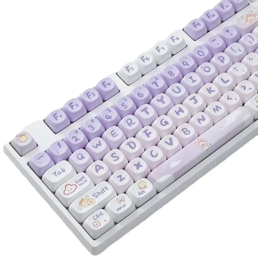 PBT gradient purple key cap set with custom Coeco rabbit design for mechanical keyboards