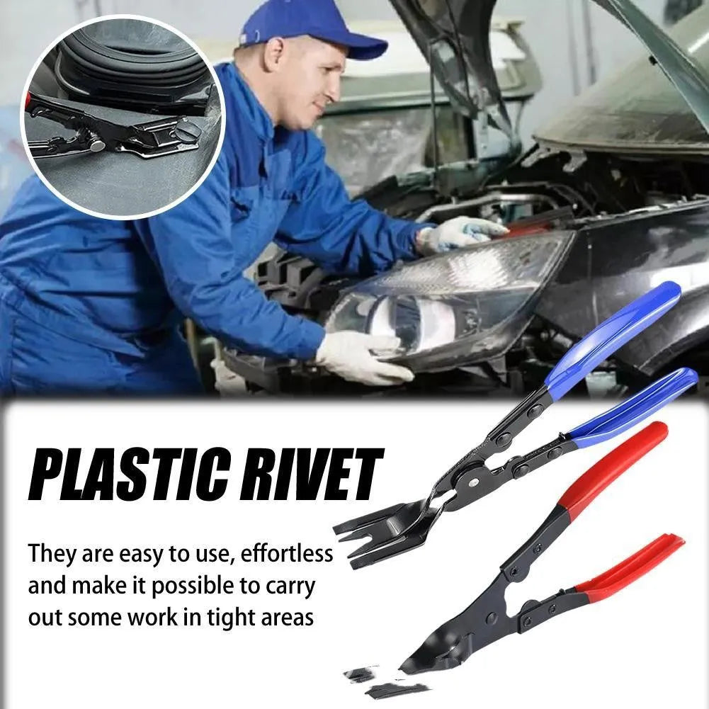 Blue 240mm long car door panel separator pliers with angled steel head for trim removal.