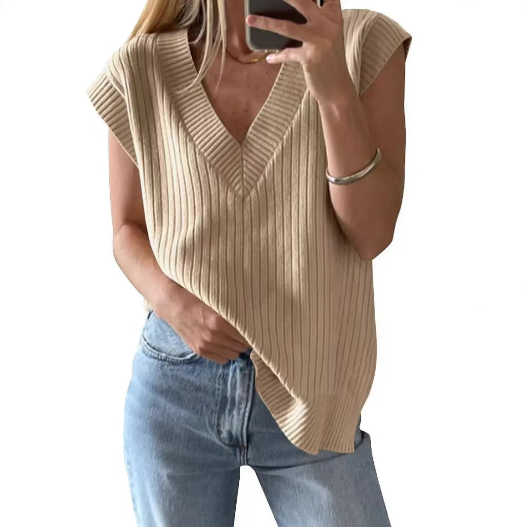 Camel coloured v-neck sleeveless loose pullover vest with striped pattern and folding detailing