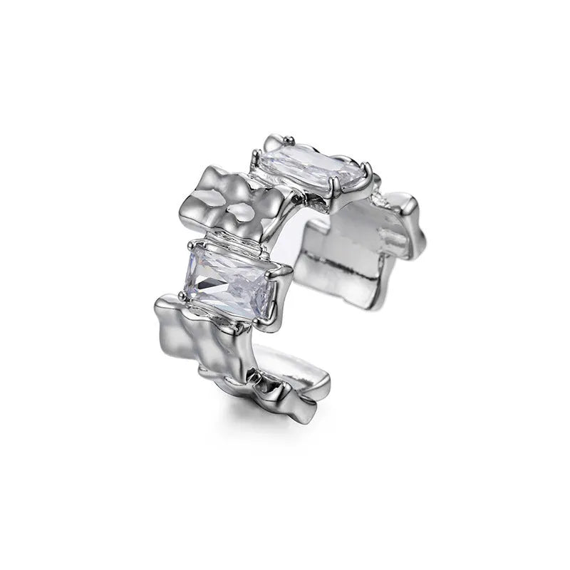 Silver geometric cross ring with open zircon setting and retro design