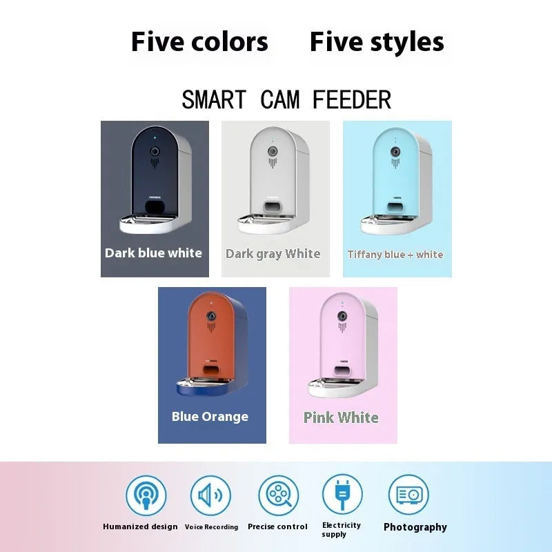 Smart automatic pet feeder with remote monitoring app, in five colour options.