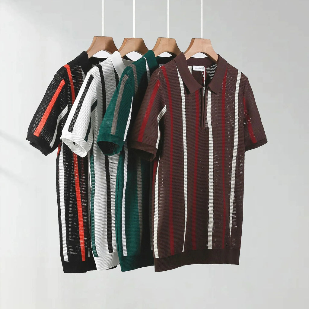 Man wearing a loose-fit black ice silk mesh polo shirt with short sleeves and a zip decoration.