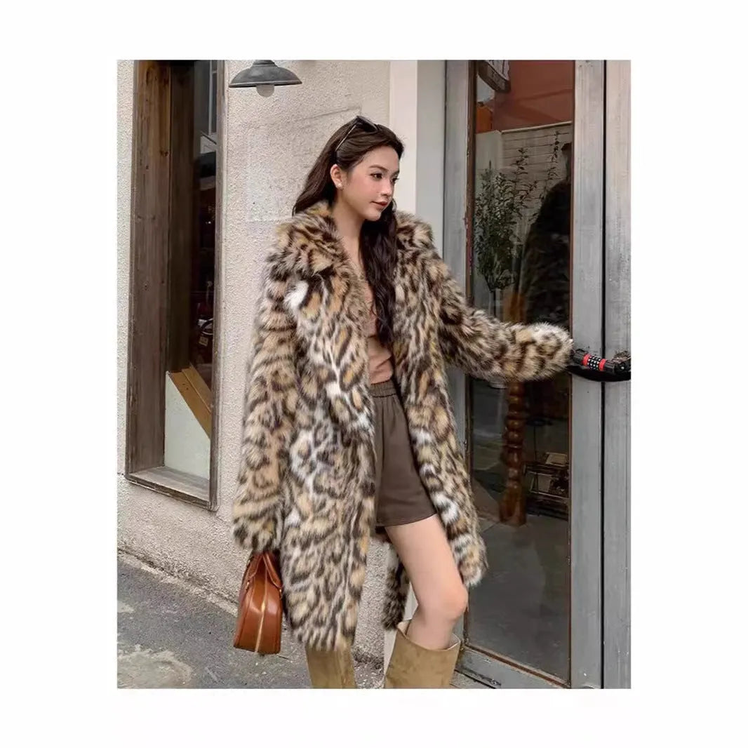 Artificial fur coat with faux fur fabric and fur collar in street fashion style