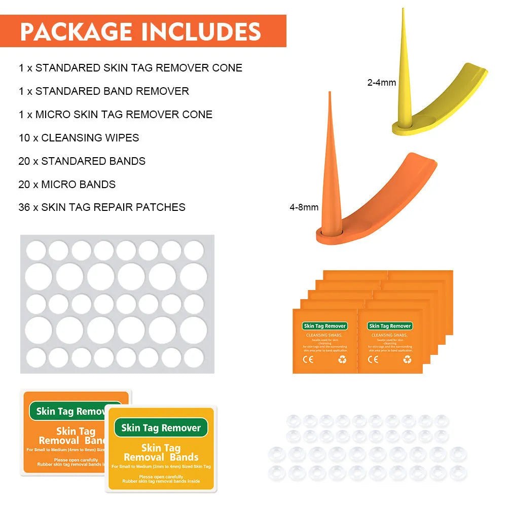 Orange-yellow wart removal tool with rubber rings in two sizes for mole treatment