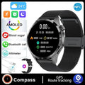 Black Bluetooth smartwatch with a TFT screen showing a heart rate graph, placed next to its charging cable.