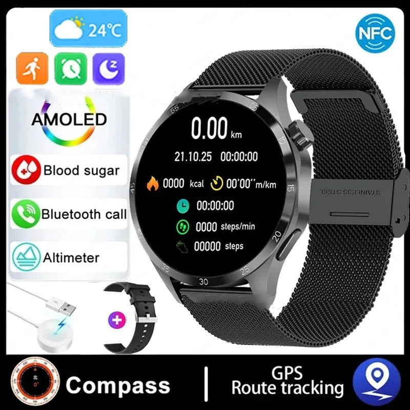 Black Bluetooth smartwatch with a TFT screen showing a heart rate graph, placed next to its charging cable.