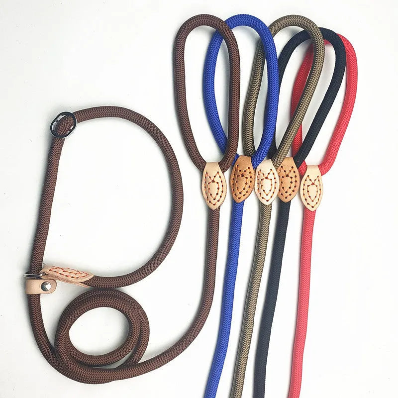 A rope dog training leash with an automatic tightening collar, shown in multiple colour options for blast race use.