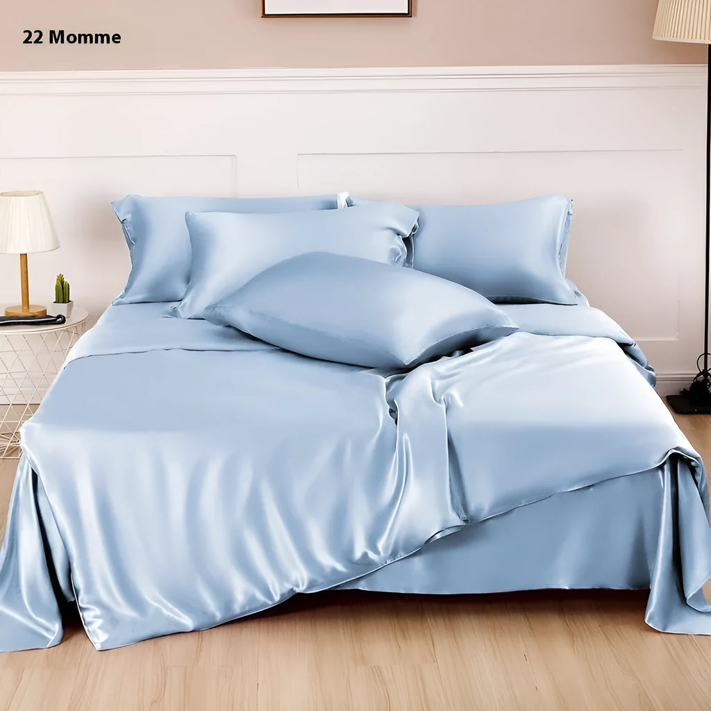 Solid colour double-sided silk duvet cover shown in bright brown, with other colour options available.