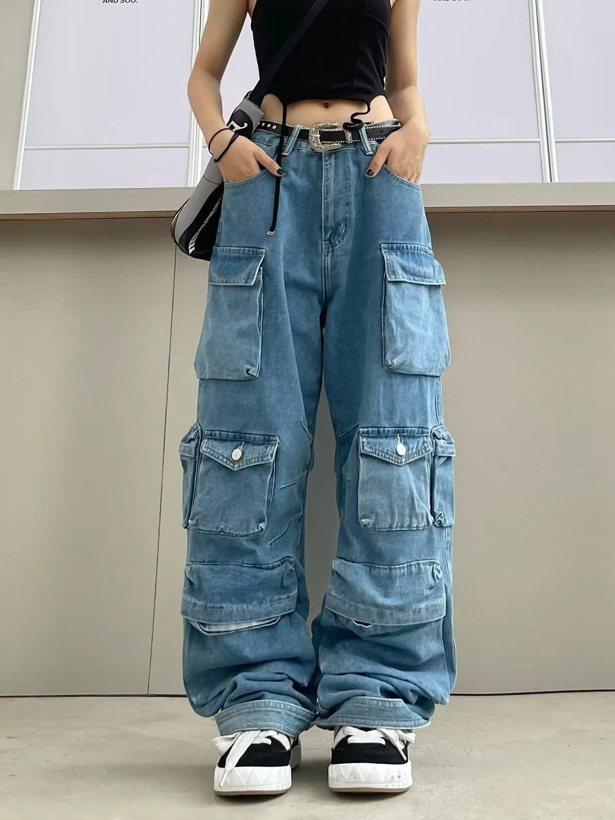 Women's high waist wide leg denim trousers with multi-pocket design in tie-dyed wash