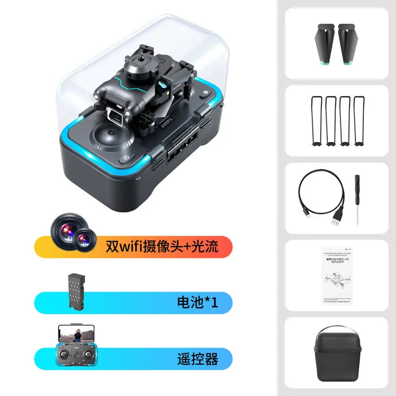 Black four-axis obstacle avoidance drone with optical flow hover and dual camera system measuring under 30cm