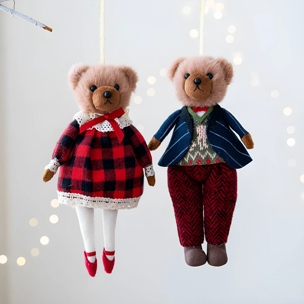Cartoon plush bear doll with cotton suit plaid design in gentleman bear and princess bear variants