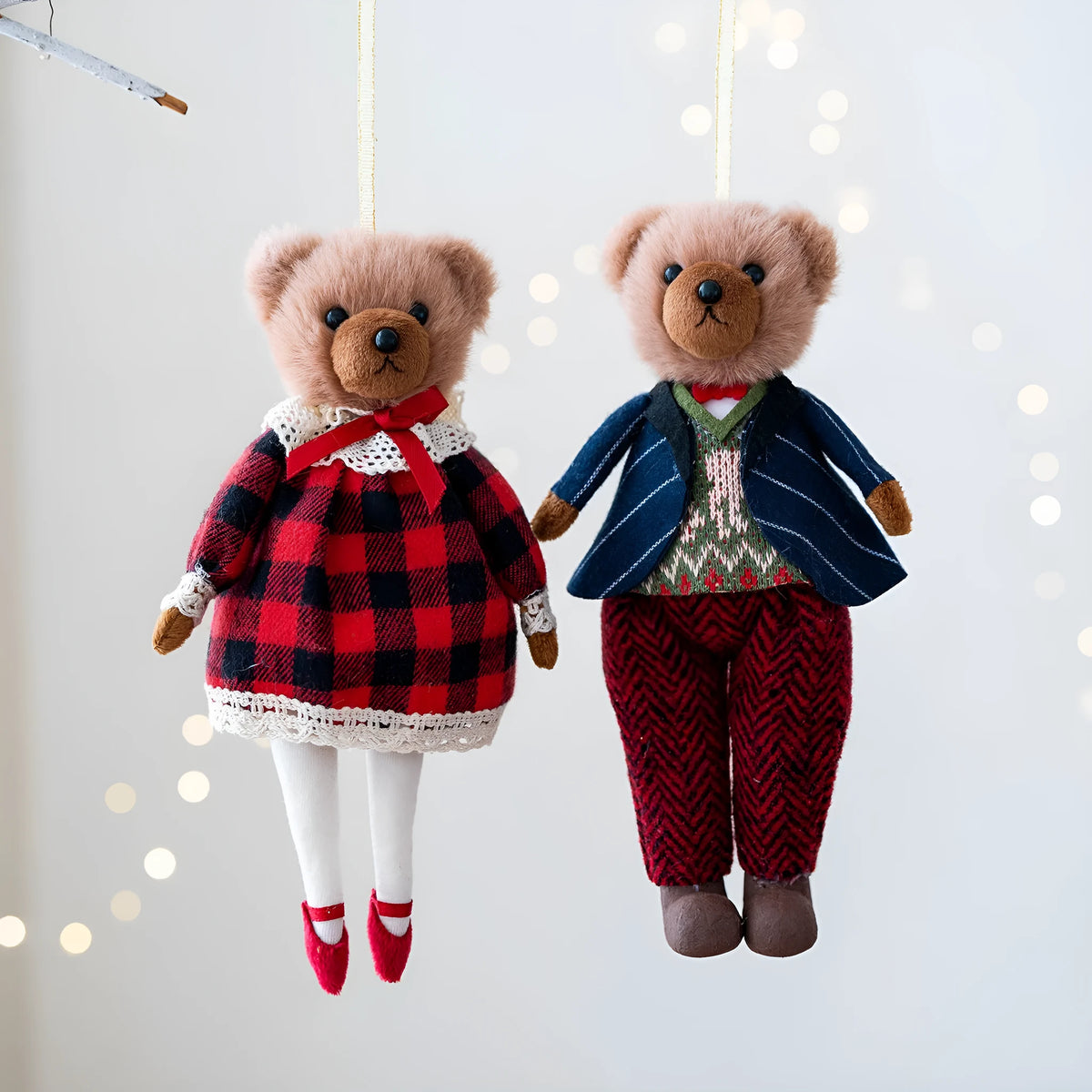 Cartoon plush bear doll with cotton suit plaid design in gentleman bear and princess bear variants