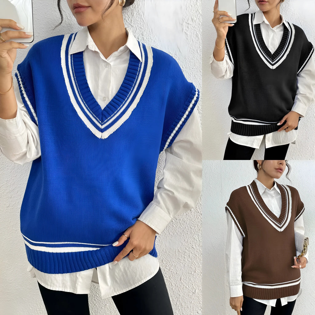 Women's college style acrylic wool vest sweater in loose fit pullover design